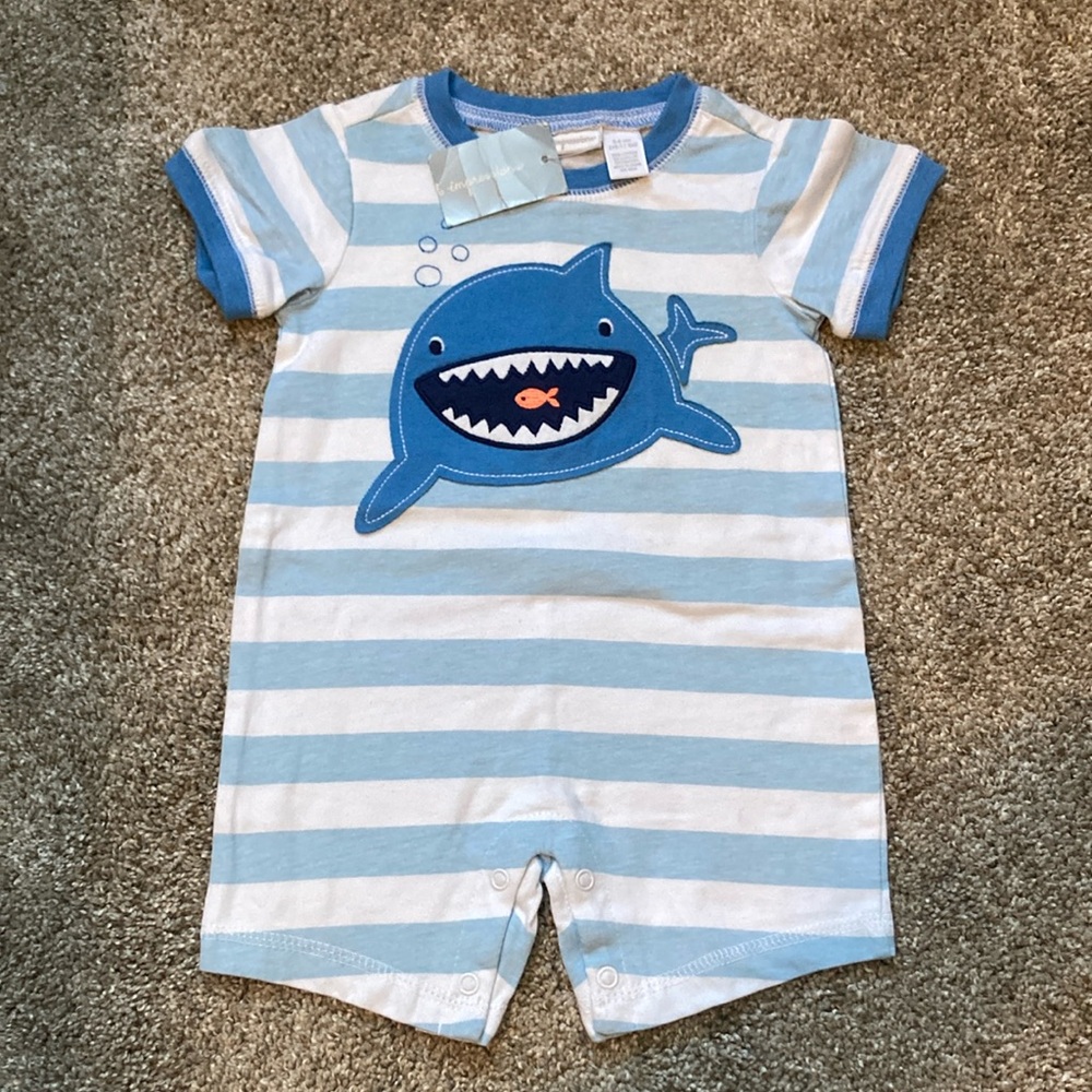 First Impressions Blue/White Striped shortie with Shark Appliqué NWT 3-6 months
